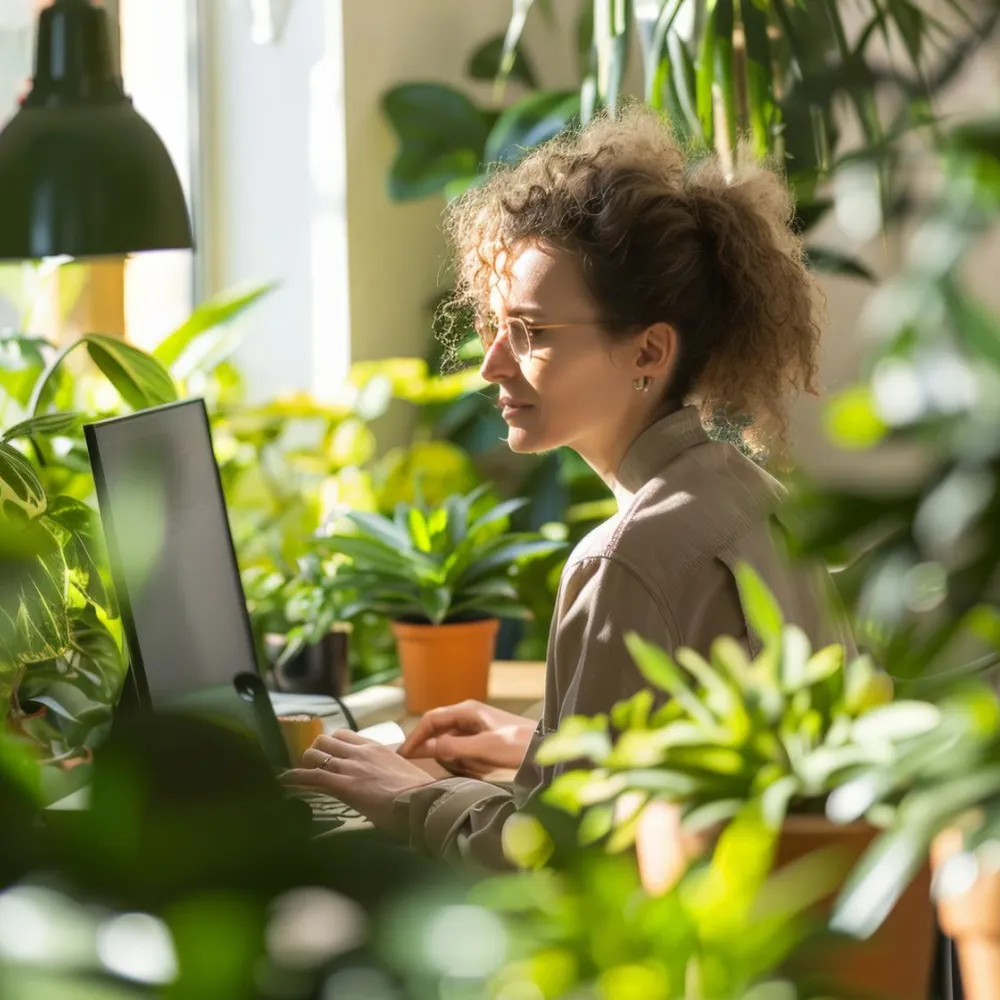 Woman working on laptop surrounded by plants